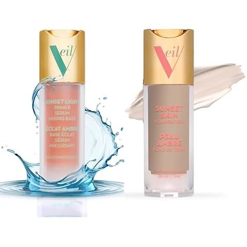 Veil Cosmetics | 1 Sunset Skin Liquid Foundation + 1 Sunset Light 3-in-1 Primer | 1N | Buildable Coverage, Lightweight & Brightening | Serum, Mixing Base, Primer | Water-Resistant | Vegan Cover