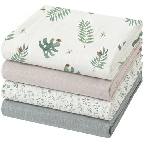 Image of POMISO Muslin Swaddle Blankets for Boys & Girls, Newborn Receiving Blankets, 4 Pack Soft Breathable Baby Swaddles, Large 47x47 Inches, Rain Forest