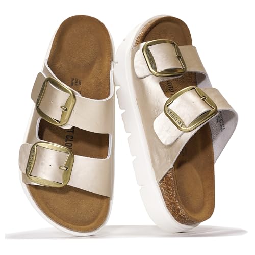 Image of Project Cloud 100% Genuine Leather Platform Sandals Women Footwear - Wedge Chunky Slides for Women 2026 with Memory Foam Insole & Cork Footbed Womens Sandals (GreeceChunky)