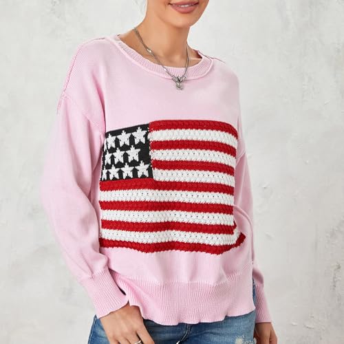 Image of Women American Flag Sweater Loose Vintage USA Sweatshirt Long Sleeve Crewneck Hollow Out 4th of July Jumper