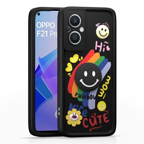 Image of Pikkme Back Cover for Oppo F21 Pro 5G / F21s Pro 5G | Soft Silicone| Cute Rainbow Smile & 3D Cartoon Flower Design | Shockproof Raised Camera Protection Bumper Case (Black)
