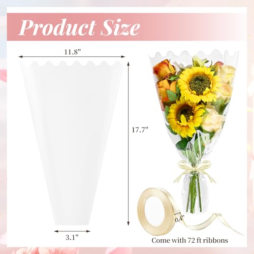 Mauproy 100 Pack Clear Flower Bags for Bouquets, Cellophane Floral Bouquet Sleeves with Wave Edges and Ribbons for Mother's Day Wedding Florist Supplies (18 x 12 Inches) by Mauproy - Image 2