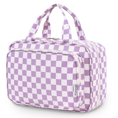Image of Narwey Large Hanging Toiletry Bag Travel Makeup Bag Cosmetic Organizer for Women and Girls, Z-Purple Checkerboard, Large
