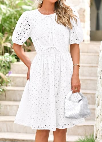 Image of KIRUNDO Eyelet Summer Dresses for Women 2025 Short Sleeve Tie Front Babydoll A Line Wedding Guest Beach Vacation Sundress
