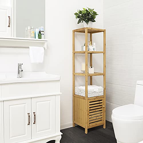 SONGMICS Bamboo Bathroom Storage Floor Cabinet, 4 Tiers Multifunctional Floor Shelving Unit, Free Standing Tower Corner Rack, Natural UBCB50Y by SONGMICS - Image 2