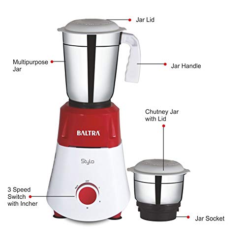 Image of Baltra Stylo Mixer Grinder 550 Watt with 2 Multipurpose Stainless Steel Jars (Wet+Dry Jar) 3 Powerful Speed Control, Overload Protection, Tight Jar Lid, 2 Super Efficient Stainless Blade