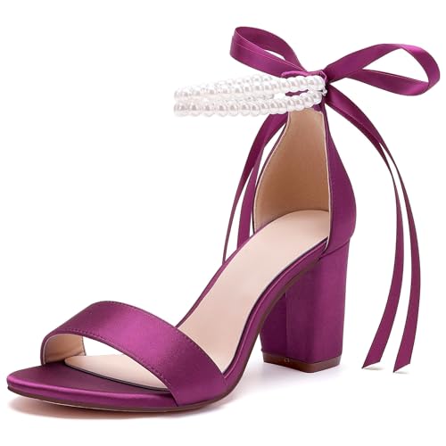 Image of Women's Open Toe Pearl Wedding Shoes for Bride High Heels Sandals Satin Bridal Block Chunky Heels Ankle Strap Prom Evening Party Pumps