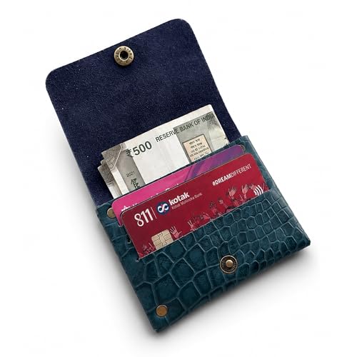 Image of STRUTT Croc Textured Genuine Leather Batua Wallet for Men & Women | Handcrafted Blue Leather Cash & Card Holder | Snap Button Closure | Compact Ethnic Money Pouch