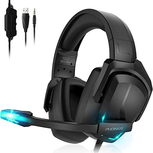 PHOINIKAS Casque Gaming, Casque avec Micro pour PS4/PS5/PC/Xbox One/Switch/Ordinateur Portable, Micro Antibruit, Son Surround Stéréo, Pilotes 50 mm, Câble Audio 3,5 mm, Lumière LED Cover