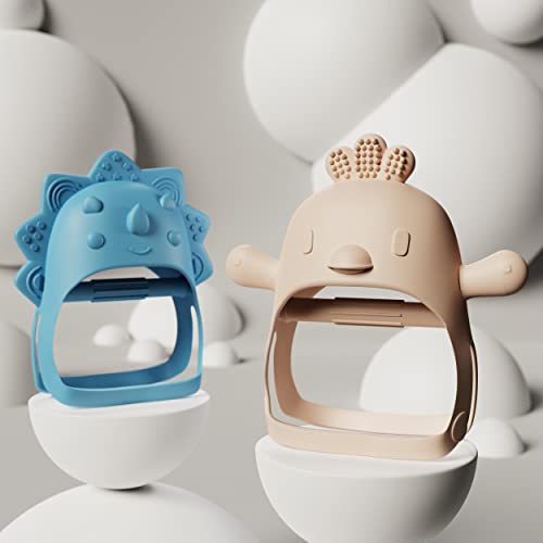 Baby Teether Pack of 2 Wearable Pacifier Teether Toy – Little Chick Mini Dino – Blue and Beige by Muqee Peeko