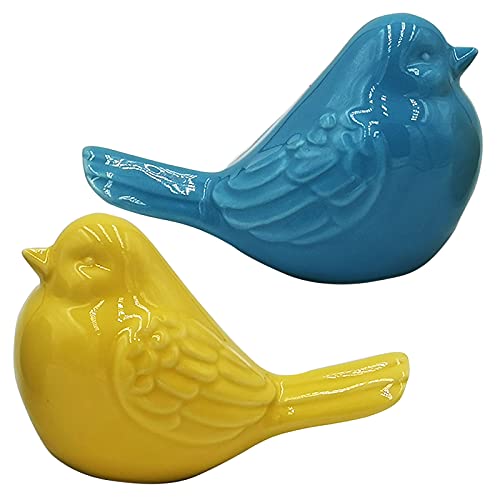 Yhcdsea Yellow/Blue Decorative Bird Figurine, Glazed Ceramic Chubby Bird Figure Cottage Animal Bird Statue Decorations For Home Indoor Outdoor Garden Decor Accents Creative Gift 2Pcs-Set #TOP15