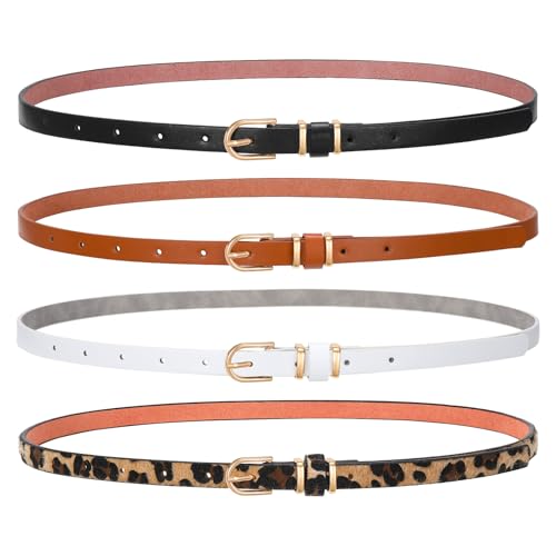 Set of 4 Womens Thin Belts SANSTHS Skinny Leather Belt with Gold Alloy Buckle (Black Brown White gold Leopard,M)