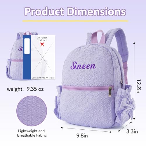 Image of Small Daycare Backpack Personalized Seersucker Backpack with Embroidered Name Cute Purple Backpacks with Bow Custom Embroidery Bags for weeekender Personalized Gifts (Purple Small Bowknot)
