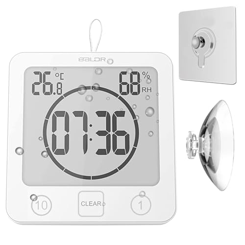 Waterproof Bathroom Wall Clock Shower Timer, Digital Large Visual Countdown Alarm Clock with Temperature Humidity, Mirror Suction & Rope Hanging & Stand, Easy Table Timer for Bath Kitchen Spa (White)