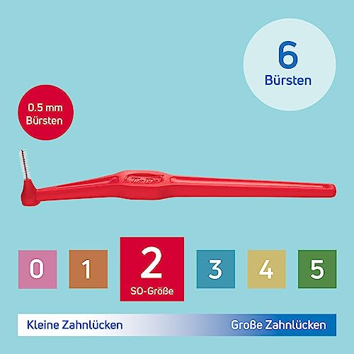 TEPE Angle Interdentalbürsten Rot (ISO Größe 2: 0,5 mm) / Kontrollierte Reinigung der Zahnzwischenräume auch an schwer zugänglichen Stellen / 1 x 6 Angle Interdentalbürsten