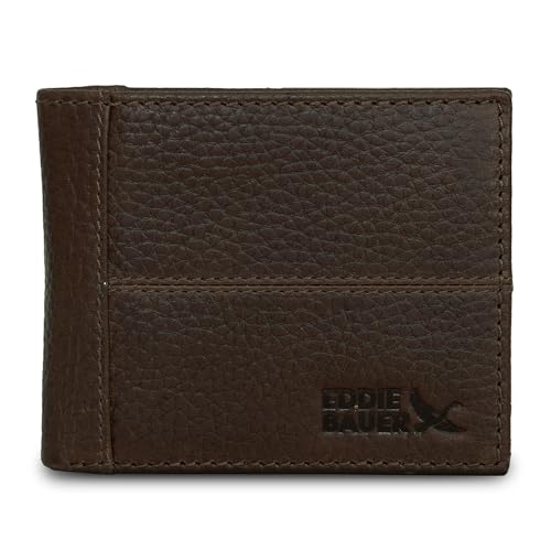 Eddie Bauer Rugged Wallet | Bifold | RFID Protection| Extra Capacity | Leather| Flip ID | Genuine Leather | Brown