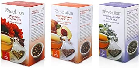 Revolution Tea Bundle Dragon Eye Oolong Tea, Earl Grey Lavender Black Tea and Sweet Ginger Peach Black Tea, 16 Count Each