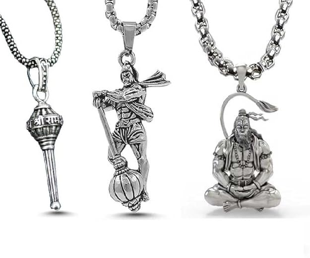 Lord Hanuman Religious Pendant Necklace Locket Set, Stainless Steel, 3 Designs, Gada Hanuman Ji,