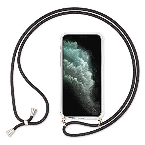 NALIA Necklace Cover with Band Compatible with iPhone 11 Pro Case, Protective Transparent Hardcase & Adjustable Holder Strap, Easy to Carry Crossbody Shockproof Phone Skin Bumper, Color:Black