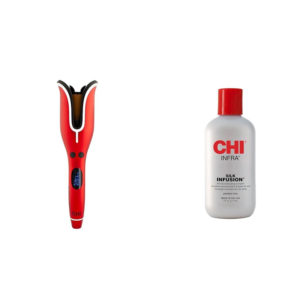 CHI Spin N Curl Ceramic Rotating Curler, Ruby Red. Ideal for Shoulder-Length Hair Between 6-16” inches. & Infra Silk Infusion, 6 Fl Oz