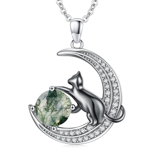 Collier chat noir femme argent 925 agate mousse pendentif TwoAnts