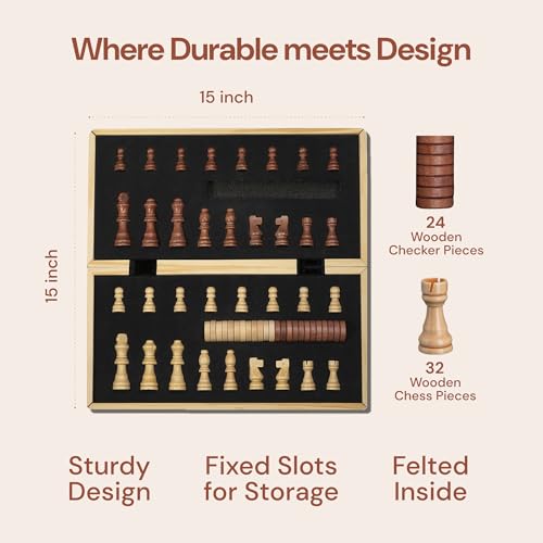 image for PlayVibe Wooden Chess Set 15'' & Checkers Board Games for All Players 