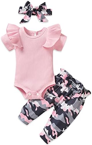 Unutiylo Baby Girl Clothes Infant Outfits Ruffle Jumpsuit Ribbed Romper Bodysuit Pants Set 3PCS Clothing Set Short Sleeve Baby Girls Spring Summer Outfits Pink Camo 6-12 Months