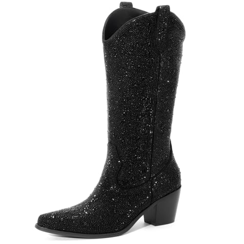 Women’s Rhinestone Cowboy Boots Mid Calf Pointed Toe...