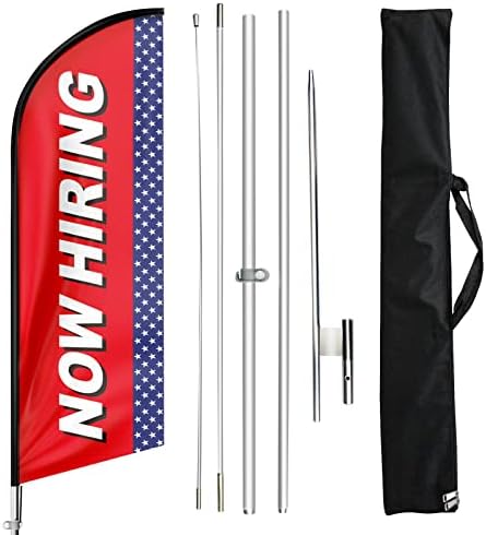 FSFLAG Now Hiring Feather Banner Flag, Advertising Feather Banner Swooper Flag Pole Kit and Ground Stake, Advertising Feather Flag Signs for Now Hiring Business 11Feet (Red)