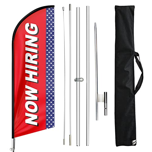 FSFLAG Now Hiring Feather Banner Advertising Swooper Flag Pole Kit and Ground Stake Business Signs 11 Feet (Red)