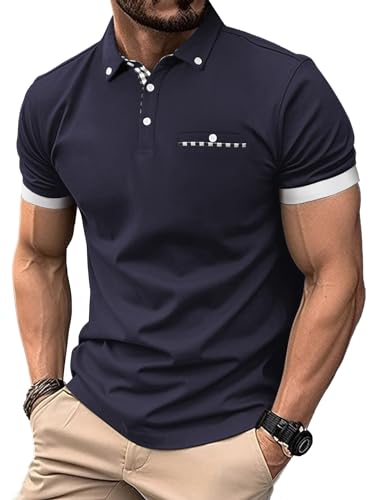 Mens Casual Short Sleeve Summer Polos Plaid Splice Fashion Button Cotton T-Shirt Golf Tennis Tops
