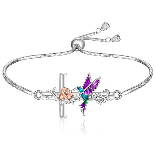 Hummingbird Bracelets for Women Sterling Silver Bird Hummingbird Bracelet Cross Flower Link Blue Purple Jewelry
