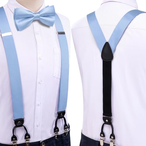 Image of Hi-Tie Men Suspender Bowtie Set Suspenders Pre-tied Bow Tie Pocket Square Cufflinks Adjustable Y Shape 6 Clips Braces Tuxedo
