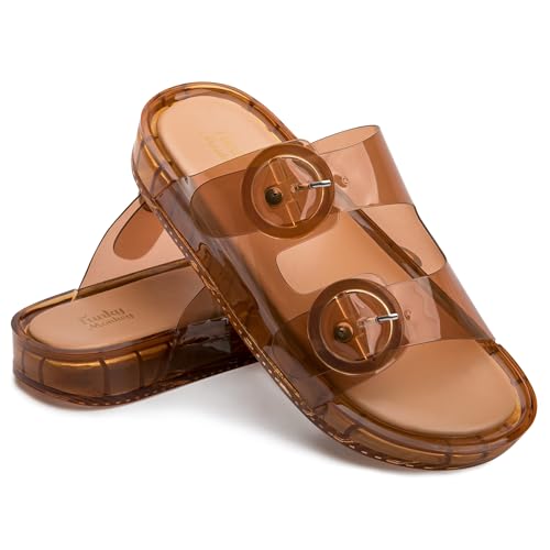 FUNKYMONKEY Beach Slide for Women Cute Jelly Sandals with Adjustable Double Buckle Slip-on Comfortable Waterproof Platform Shoes for Pool Shower Casual Wear(8 M US, Dark Brown/SJRD)
