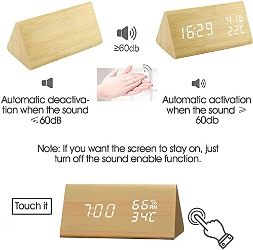 VABOO Wooden Digital Alarm Clocks,LED Wood Digital Alarm Table Clock, 12 / 24Hours, Date, Temperature,Voice & Touch Activated Multi-Function LED Clock Bedside Alarm Clock for Bedrooms Office Bedside