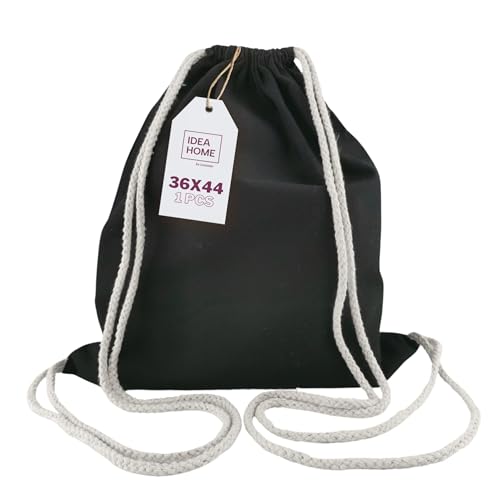 IDEA HOME Baumwollbeutel, Turnbeutel 1 Stück 36x44 cm 250g/m2 Sportbeutel mit Kordel, Rucksack, Beutel, Jutebeutel Gym Bag, blanko zum bemalen für Sport & Reise, Schwarz