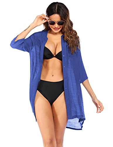 Image of Ekouaer Bathing Suit Cover Up for Women V Neck Button Down Swimsuit Coverup Beach Dress Shirt S-3XL