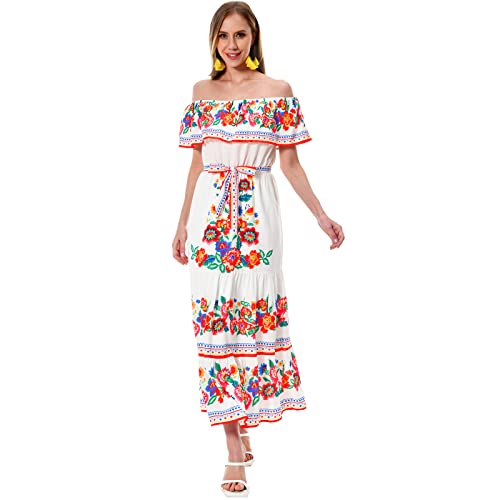 Xplanet Mexican Dress for Women Off Shoulder Floral Print Maxi Dress Summer Party Casual Sundress Dresses3