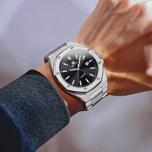 OLEVS Men's Watch Silver Stainless Steel Classic Quartz Analog Watch for Men with Black Dial Simple Design Suitable for All Occasion 3ATM Waterproof Date Luxury Men Watch Nice Gift for Him — view 4