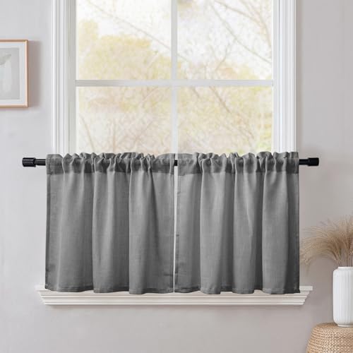 CUCRAF Kitchen Curtains Linen Blend, W 26 x L 24 Inch 2 Panels Cafe Curtains for Small Windows, Short Lightweight Curtain for Rod Pocket Kitchen Sink Cupboard Bathroom, Grey