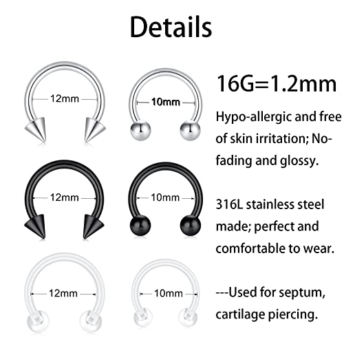 JIESIBAO Septum Piercing Kit,16G Steel Silver Black Nose Septum Retainer Rings 14G Piercing Needles Kit Horseshoe Cartilage Helix Tragus Earring Hoop Eyebrow Retainer 10mm 12mm by JIESIBAO - Used condition - US$5.45