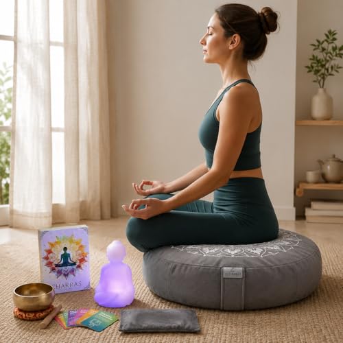 Meditation Cushion Set with Buckwheat Zafu, Breathing Light, Singing Bowl, Eye Pillow & Affirmation Cards – Meditation Kit for Beginners, Mindfulness Gift Set for Stress Relief & Yoga - Image 4