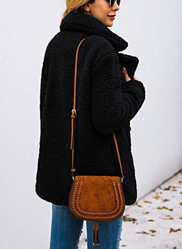 Prettygarden Women's 2023 Fashion Winter Coat Long Sleeve Lapel Zip Up Faux Shearling Shaggy Oversized Shacket Jacket (Style Two Black,X-Large) #TOP4