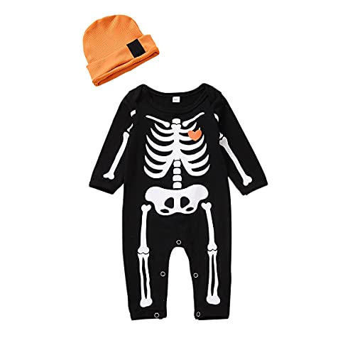 Image of Guodeunh Newborn Baby Boy Girl Halloween Costume Romper Skeleton Jumpsuit Outfit Skull Clothes with Hat (Skull- B, 0-3 Months)