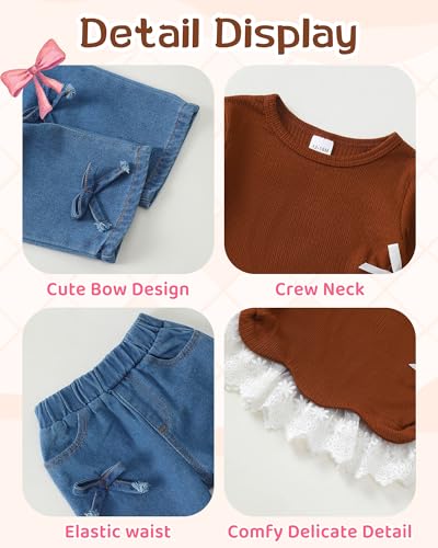 Image of Kucnuzki Toddler Baby Girl Clothes Long sleeve Fall Winter Shirt Tops Baggy Jeans Pants Set Kids Girls Outfits 2 Piece