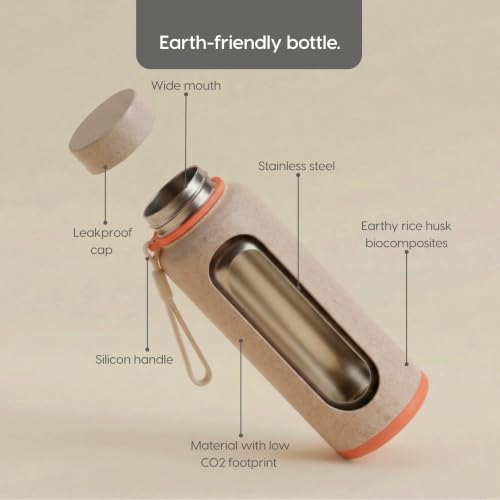 Image of Eha Earth Friendly Hydralife Water Bottle for Office & Schools | 600 ml Stainless Steel Water Bottle for Kids & Adults Made with Rice Husk | Bottle for Men, Women | Leak Proof | 1 Unit