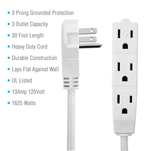 Bindmaster 30 Feet Extension Cord/Wire, 3 Prong Grounded, 3 Outlets, Angled Flat Plug, White #TOP2