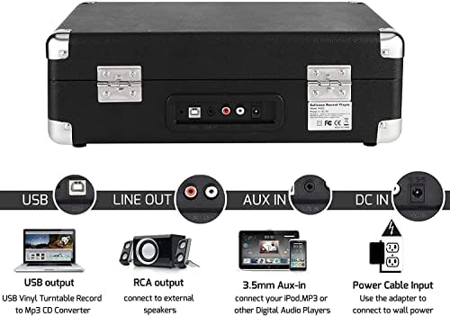 DIGITNOW!Vinyl Record Player 3 Speeds Turntable Vintage Record Player with Built-in Stereo Speakers, Supports USB, RCA Output, Headphone Jack, MP3, Mobile Phones Music Playback,Suitcase Design