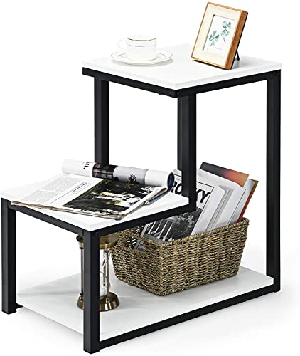 Image of 3 Tier Sofa Side Table, Modern Coffee Table Nightstands with Metal Frame and White MDF Desktop for Living Room Bed Room Decor (Black White)