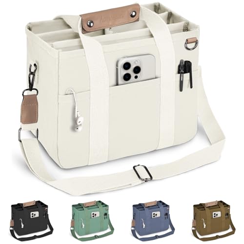 HOMESOPN Canvas Tote Bag for Women Handbag with Compartments and Multi-Pocket for Work School and Travel(Beige)